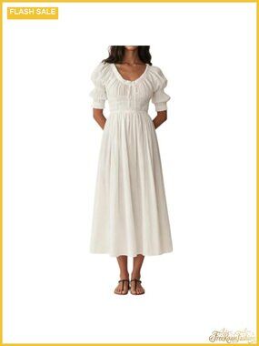 Smocked Puff Sleeve Off Shoulder Flowy Midi Dress Maternity Baby Shower Summer